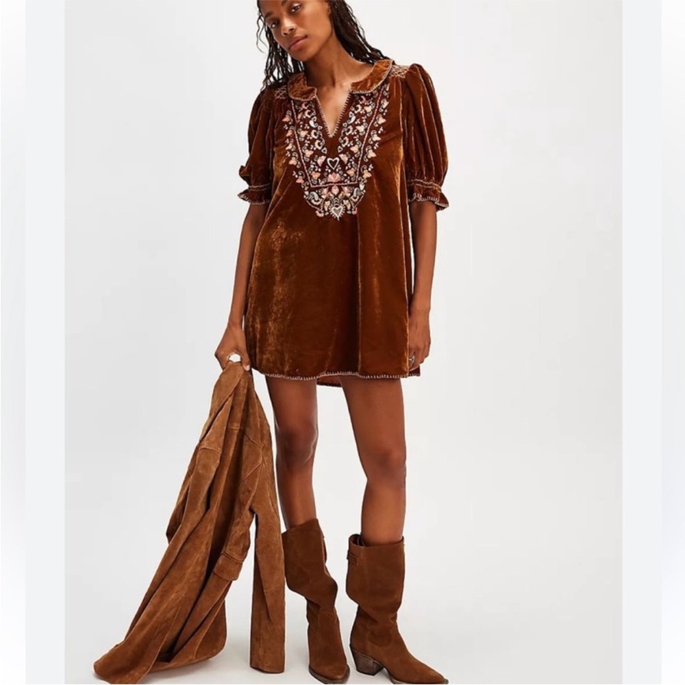 Free People Freya Floral Brown Velvet Mini Dress